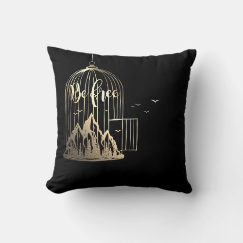 Bee Free Out Of Cage Bird Mountains Black Gold Throw Pillow