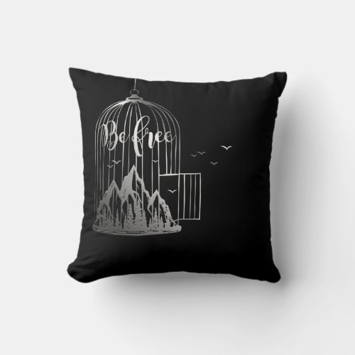 Bee Free Out Of Cage Bird Mountains Black Silver Throw Pillow