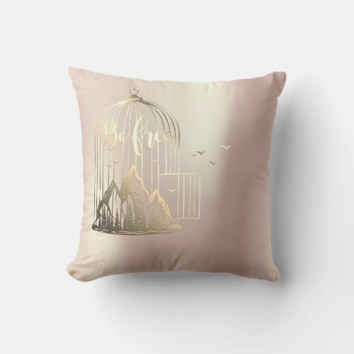 Bee Free Out Of Cage Bird Mountains Rose Gold Throw Pillow