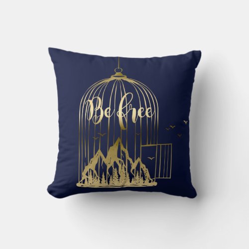 Bee Free Out Of Cage Birds Mountain Blue Navy Gold Throw Pillow