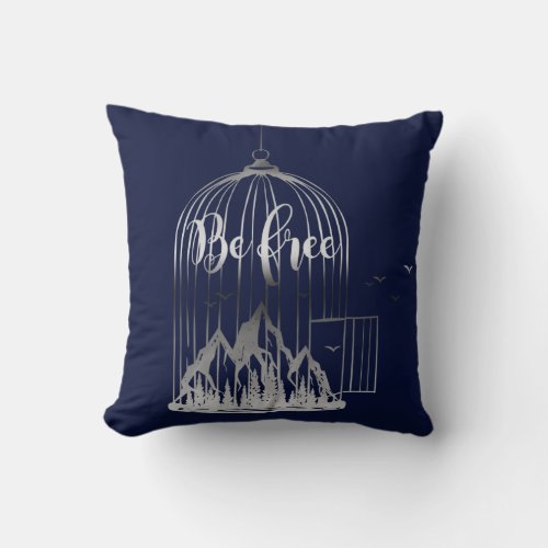 Bee Free Out Of Cage Birds Mountain Blue Navy Gray Throw Pillow