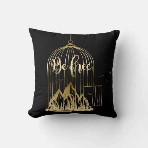 Bee Free Out Of Cage Birds Mountains Black Gold Throw Pillow