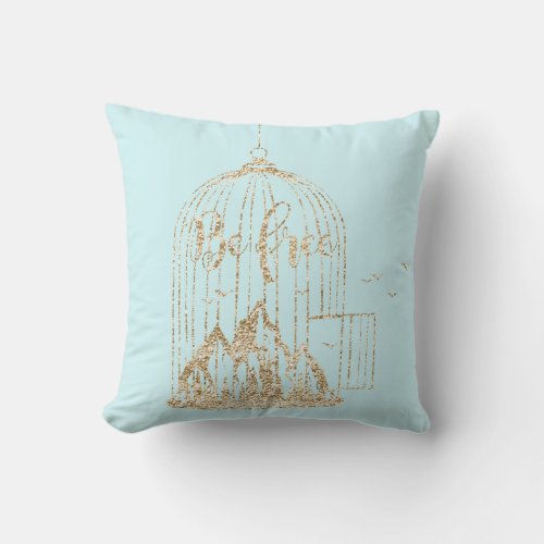 Bee Free Out Of Cage Birds Mountains Blue Gold Throw Pillow