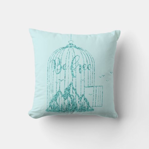 Bee Free Out Of Cage Birds Mountains Blue Mint Throw Pillow