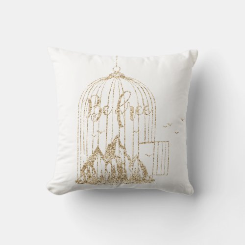 Bee Free Out Of Cage Birds Mountains White Gold Throw Pillow