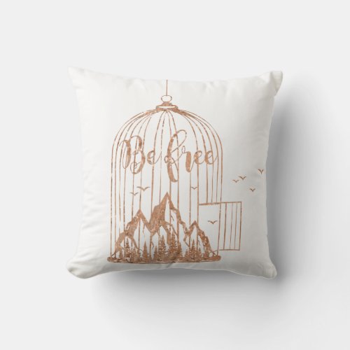 Bee Free Out Of Cage Birds Rose Gold Copper White Throw Pillow