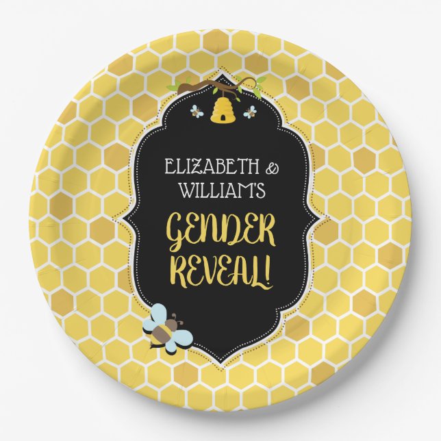 Bee Gender Reveal Baby Shower Paper Plates (Front)