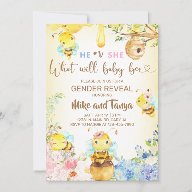 Bee gender reveal invite, bumblebee, honeybee. invitation (Front)
