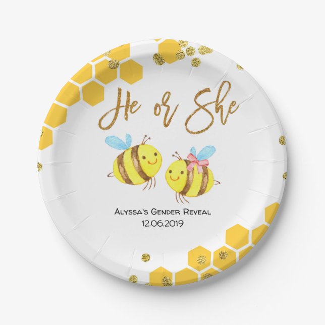 Bee Gender Reveal Party Paper Plates (Front)