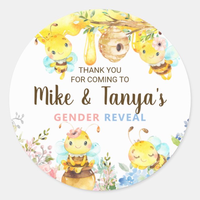 Bee gender reveal thank you stickers, bumblebee. classic round sticker (Front)