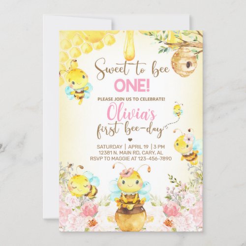 Bee girl 1st birthday invite bumblebee honeybee invitation