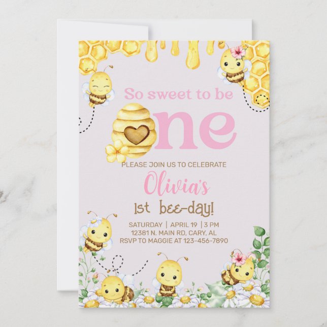 Bee girl 1st birthday invite, bumblebee, honeybee. invitation (Front)