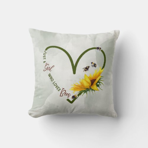 BEE GIRL LOVE Sunflower Heart Watercolor Green Throw Pillow