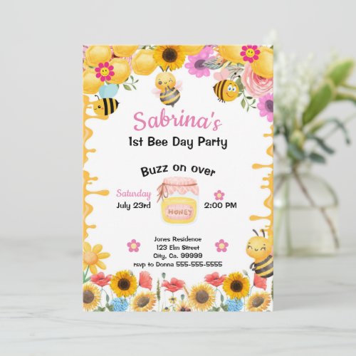 Bee Girls 1st Birthday Invitation