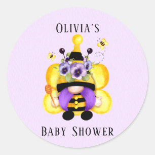 Bee Gnome Purple Yellow Baby Shower Classic Round Sticker