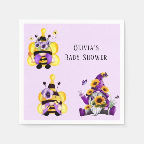 Bee Gnome Purple Yellow Baby Shower Napkins