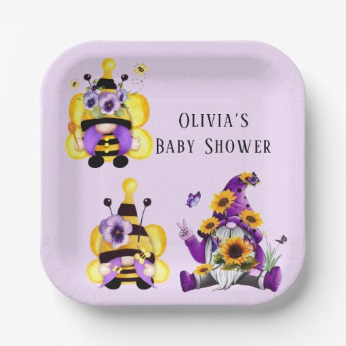 Bee Gnome Purple Yellow Baby Shower Paper Plates