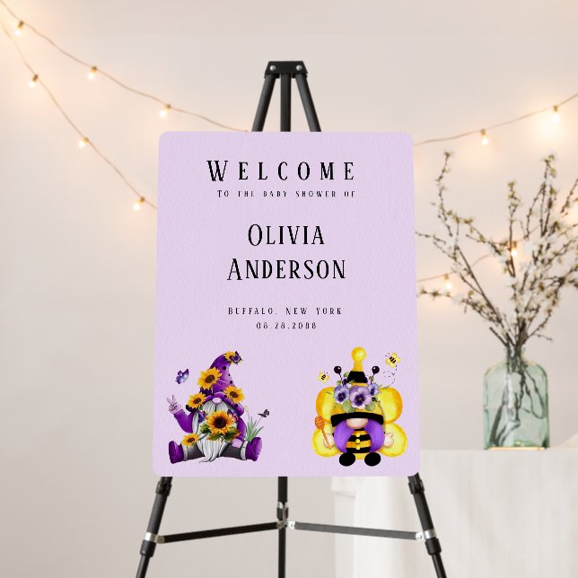 Bee Gnome Purple Yellow Baby Shower Welcome Sign (In Situ (Stand))