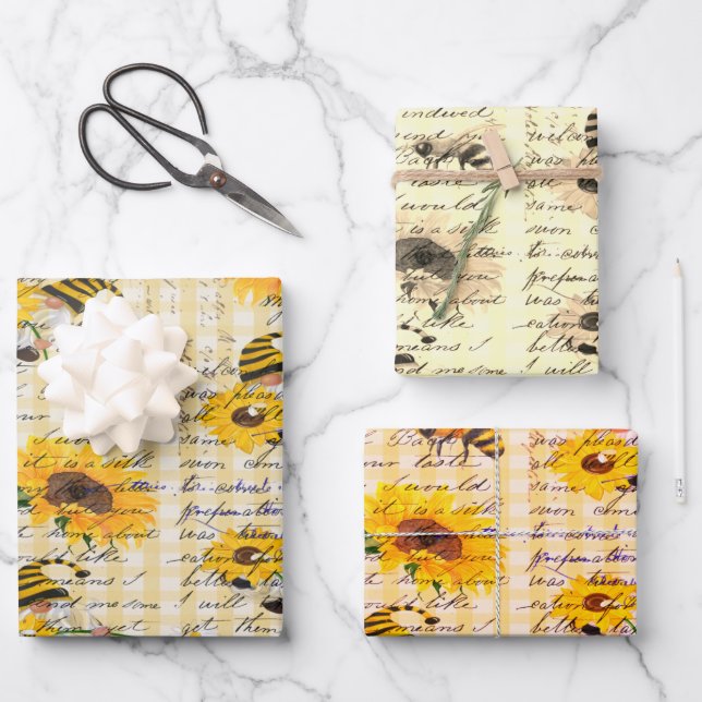 Bee Gnome Sunflower Wrapping Paper Sheets (Front)