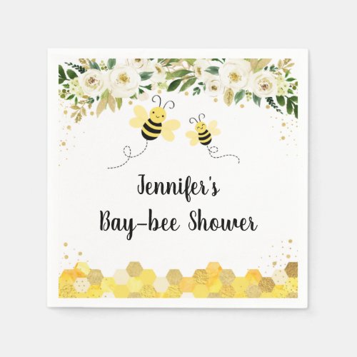 Bee Gold Floral Gender Neutral Baby Shower Napkins