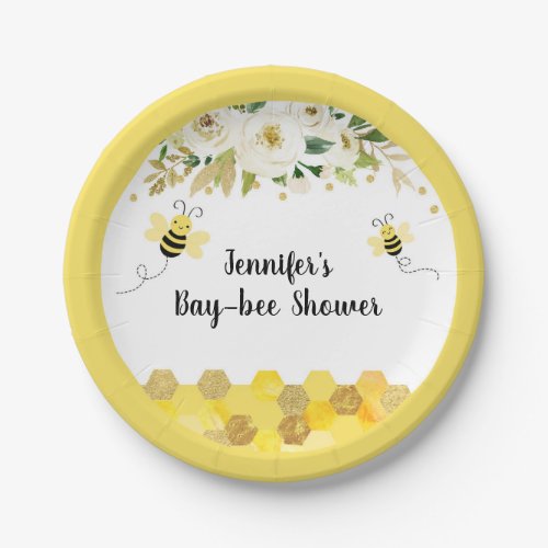 Bee Gold Floral Gender Neutral Baby Shower Paper Plates