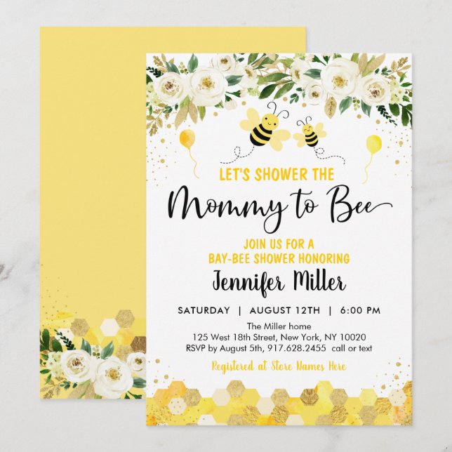 Bee Greenery Gold Gender Neutral Baby Shower Invitation (Front/Back)