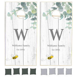 Bee greenery rustic white wood monogram cornhole set