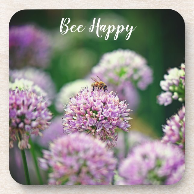 Bee Happy Anniversary w/ Purple Allium Flower Beverage Coaster (Front)
