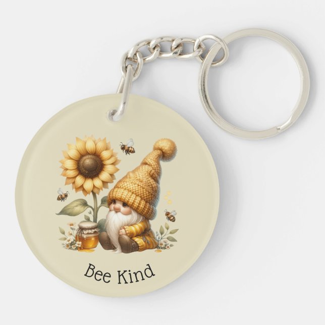 Bee Happy! Bee Kind!  Gnomes, Bees & Flowers Keychain (Back)