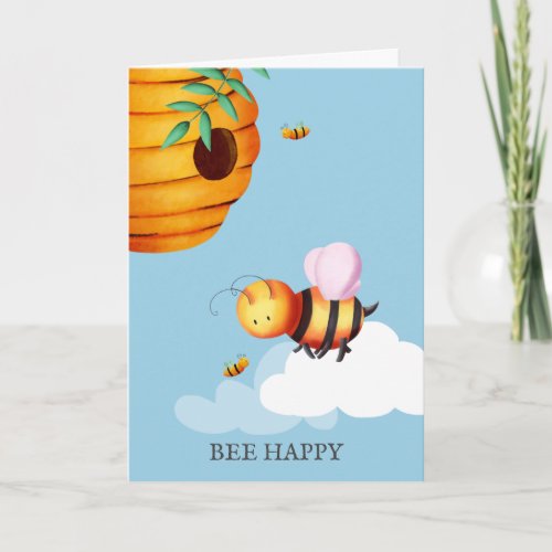 Bee happy beehive and bees cute illustrated card