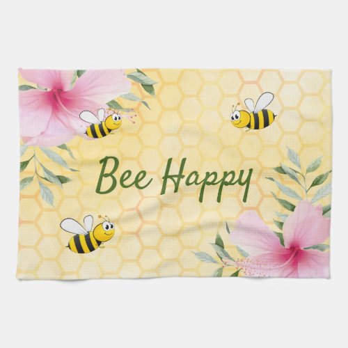 Bee Happy bees yellow honeycomb pink flowers Kitchen Towel