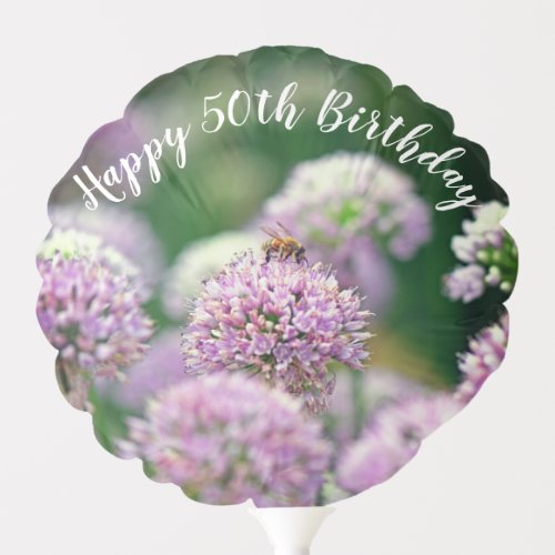 Bee Happy Birthday w Purple Allium Flower Funny Balloon