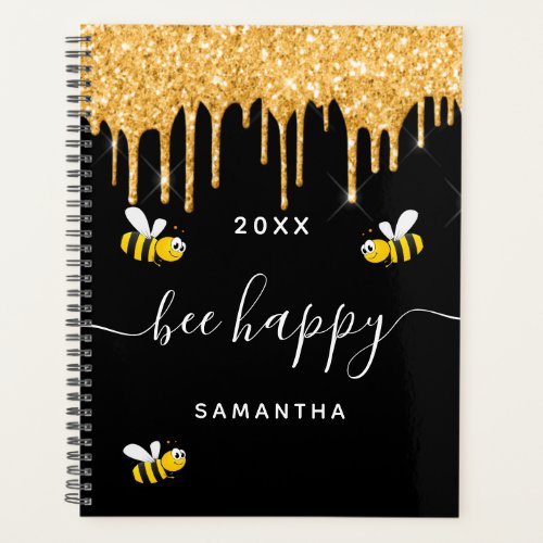 Bee happy black bumble bees glitter monogram 2022 planner
