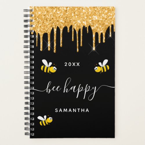 Bee happy black bumble bees glitter monogram 2023 planner