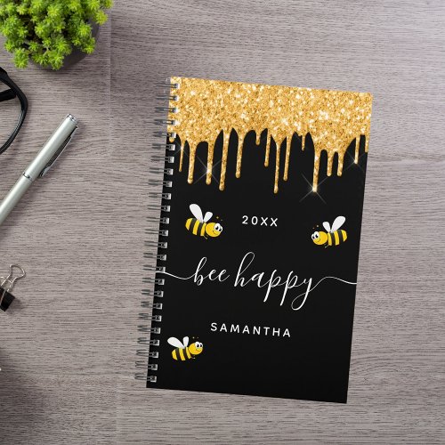 Bee happy black bumble bees glitter monogram 2025 planner