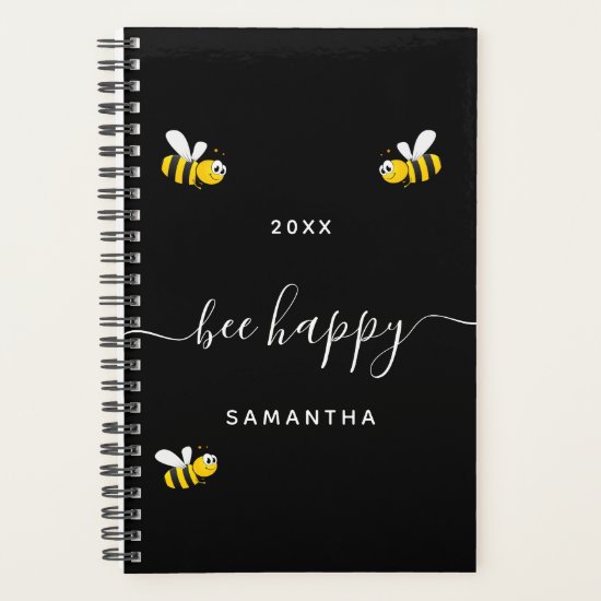 Bee happy black cute bumble bees monogram 2021 planner