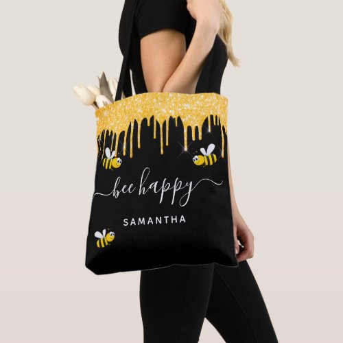 Bee happy black gold glitter drips monogram tote bag