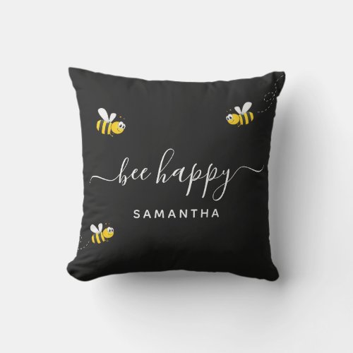 Bee happy black white monogram outdoor pillow