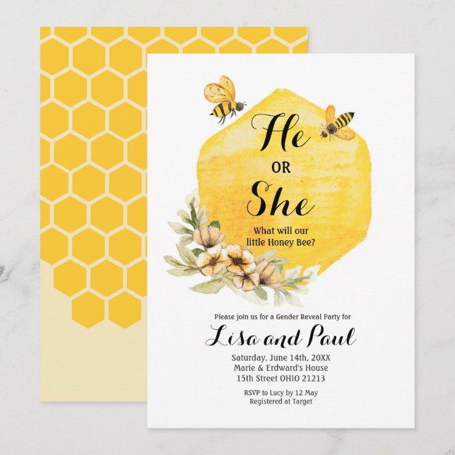 Bee Happy Botanical Gender Reveal Invitation (Front/Back)