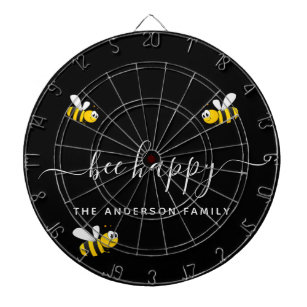 Bee happy bumble bees black monogram dart board