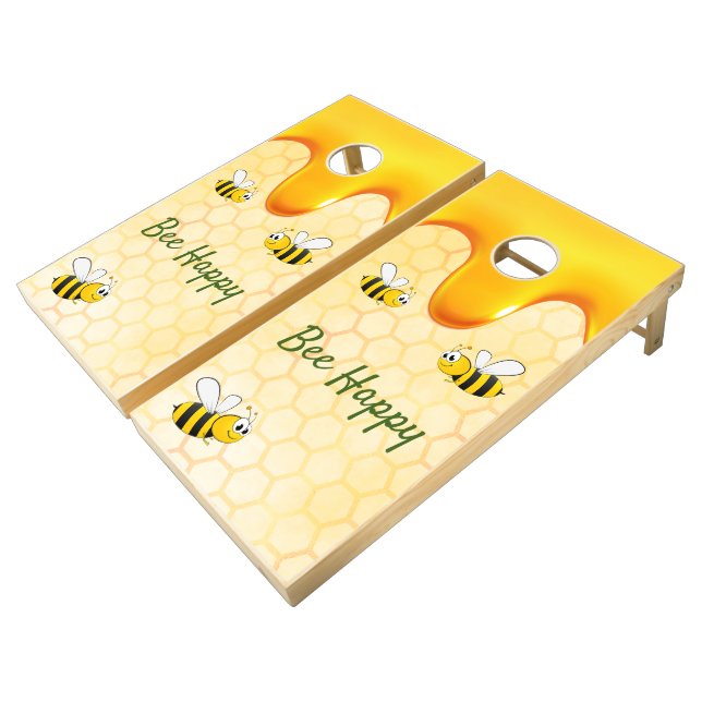 Bee Happy bumble bees honeycomb honey dripping Cornhole Set (Angled)