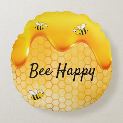 Bee Happy Bumble bees honeycomb honey dripping Round Pillow