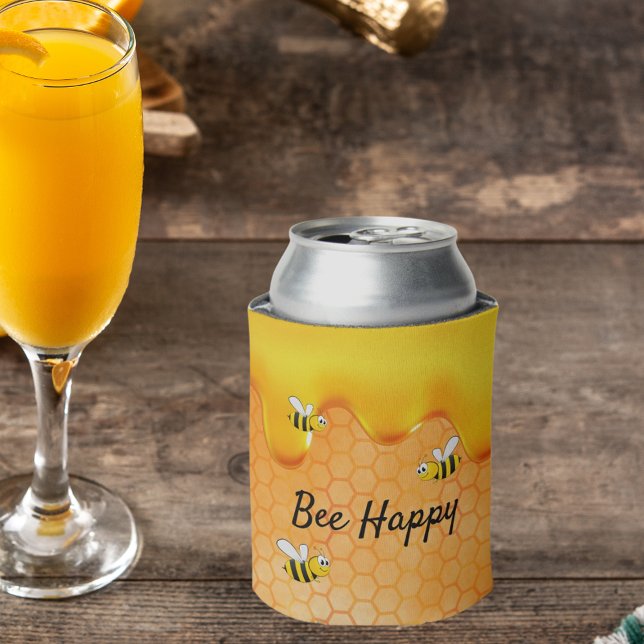 Bee Happy bumble bees honeycomb honey drips Can Cooler (Creator Uploaded)