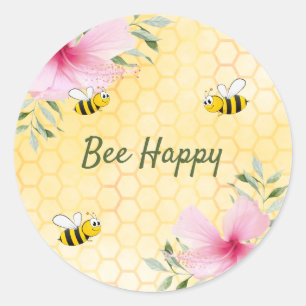 Bee Happy bumble bees honeycomb summer florals Classic Round Sticker