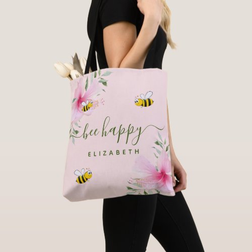 Bee Happy bumble bees rose gold floral monogram Tote Bag
