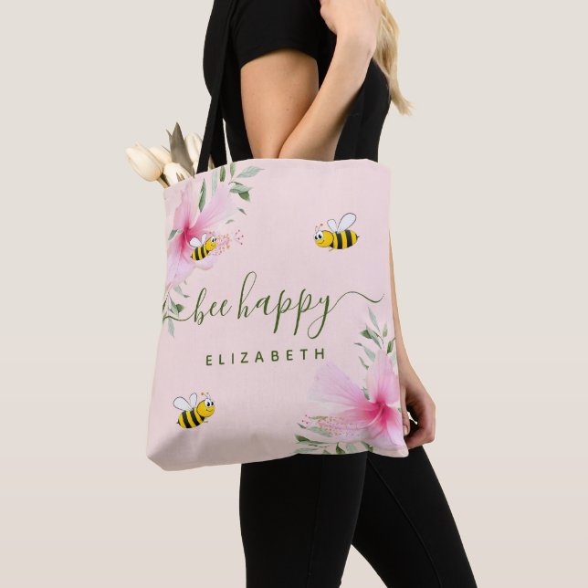 Bee Happy bumble bees rose gold floral monogram Tote Bag (Close Up)