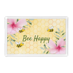 Bee Happy bumble bees yellow honeycomb  Acrylic Tray