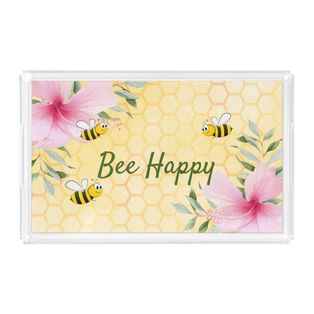 Bee Happy bumble bees yellow honeycomb  Acrylic Tray (Front)