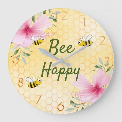 Bee Happy bumble bees yellow honeycomb cute fun Large Clock