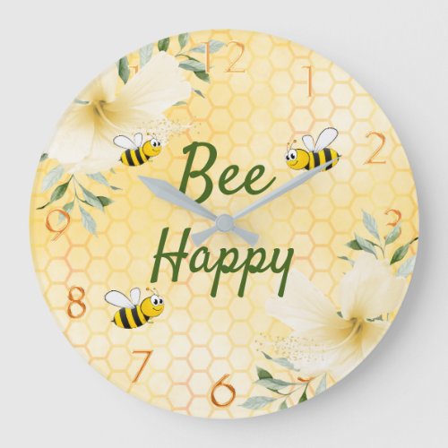 Bee Happy bumble bees yellow honeycomb cute fun Large Clock